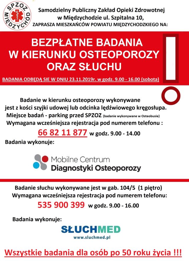 Bezpłatne badania w kierunku osteoporozy oraz słuchu - plakat